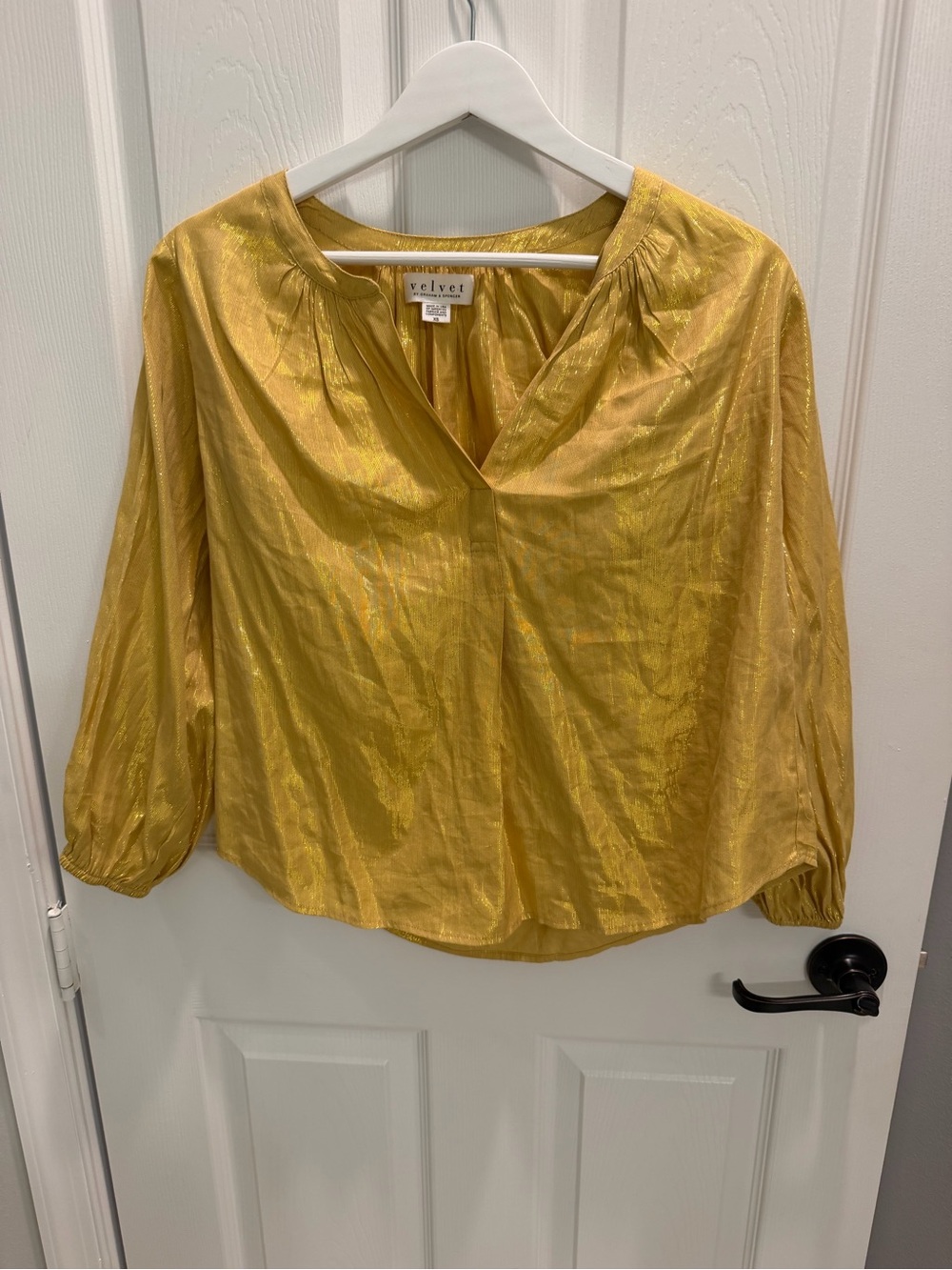 Velvet Graham Spencer Carla Gold Metallic Blouse Balloon Sleeve V-Neck XS